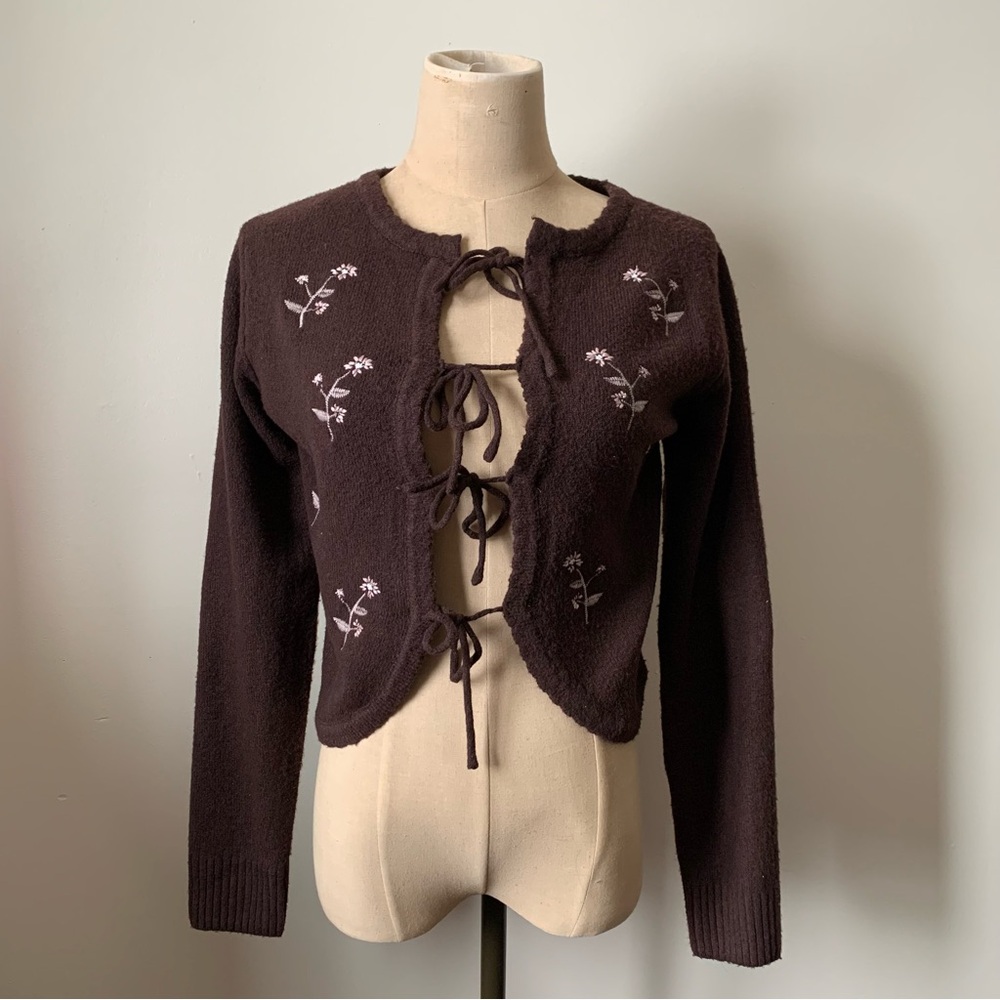 NWT Wild Skye Brown Embroidered Floral Bow-Tie Sweater Cardigan Eco Aesthetic